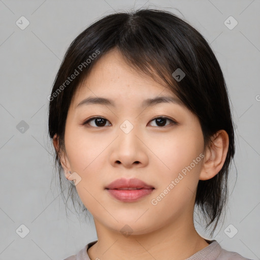 Neutral asian young-adult female with medium  brown hair and brown eyes