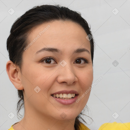 Joyful white young-adult female with medium  brown hair and brown eyes