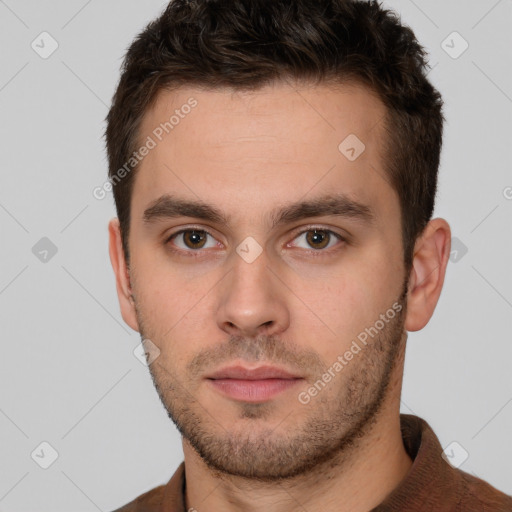 Neutral white young-adult male with short  brown hair and brown eyes