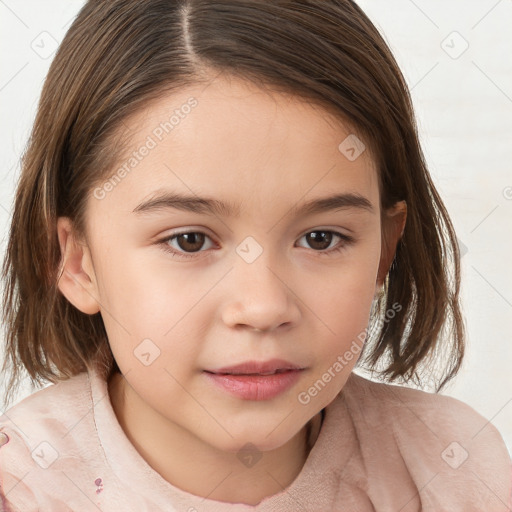 Joyful white child female with medium  brown hair and brown eyes