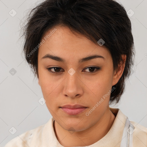 Neutral white young-adult female with short  brown hair and brown eyes