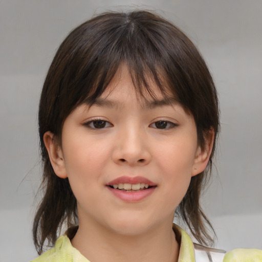 Joyful white child female with medium  brown hair and brown eyes