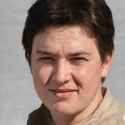 Joyful white adult male with short  brown hair and grey eyes