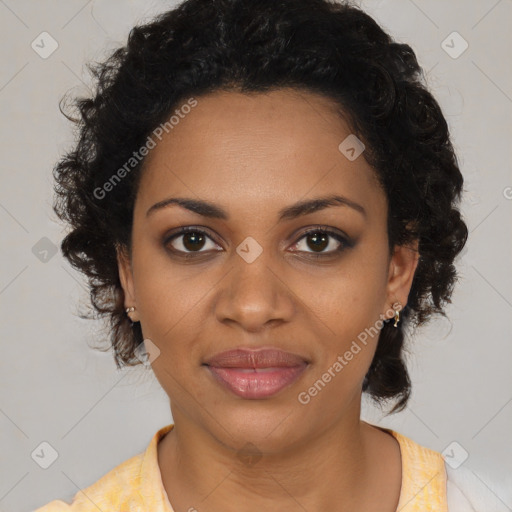 Joyful black young-adult female with medium  brown hair and brown eyes