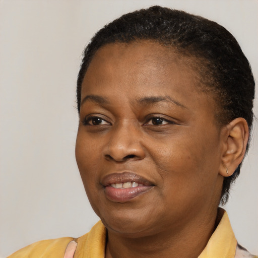 Joyful black adult female with short  brown hair and brown eyes