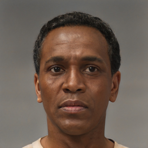 Neutral black adult male with short  black hair and brown eyes