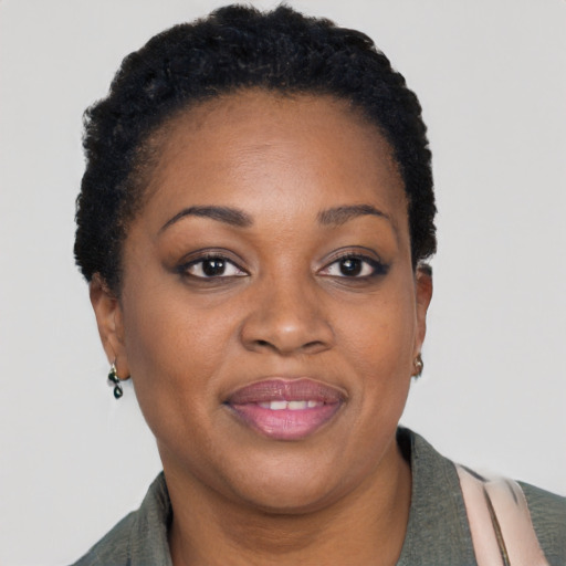 Joyful black adult female with short  brown hair and brown eyes