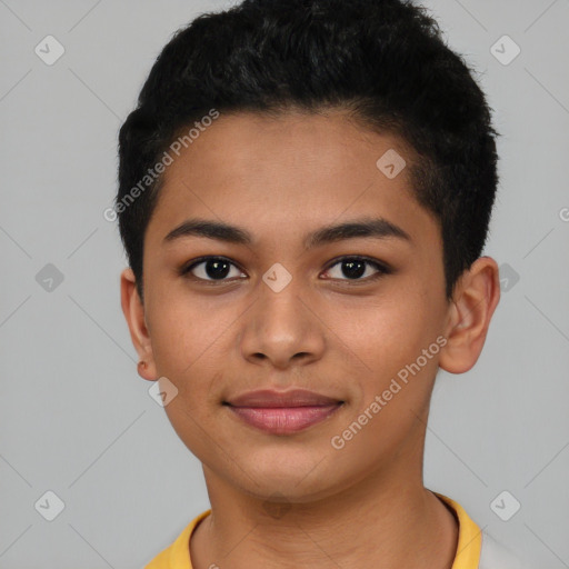 Joyful latino young-adult female with short  black hair and brown eyes