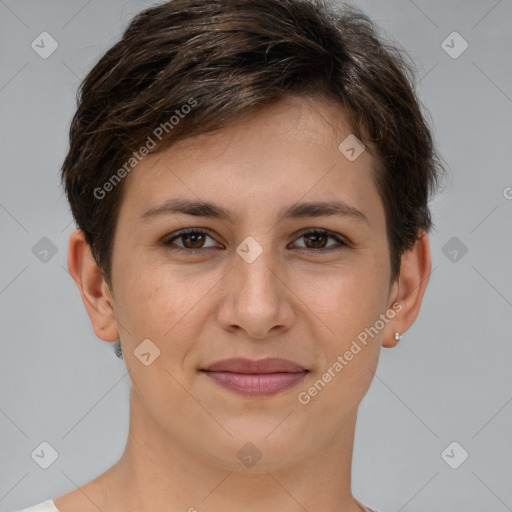 Joyful white young-adult female with short  brown hair and brown eyes