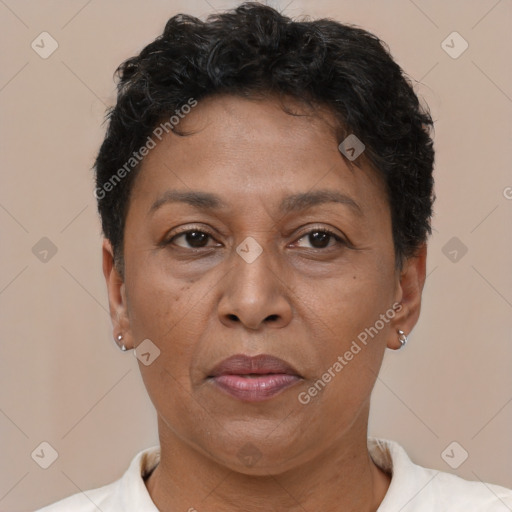 Joyful latino adult female with short  brown hair and brown eyes