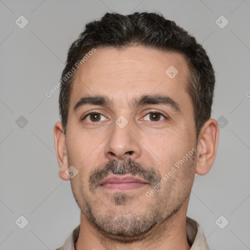 Neutral white adult male with short  black hair and brown eyes