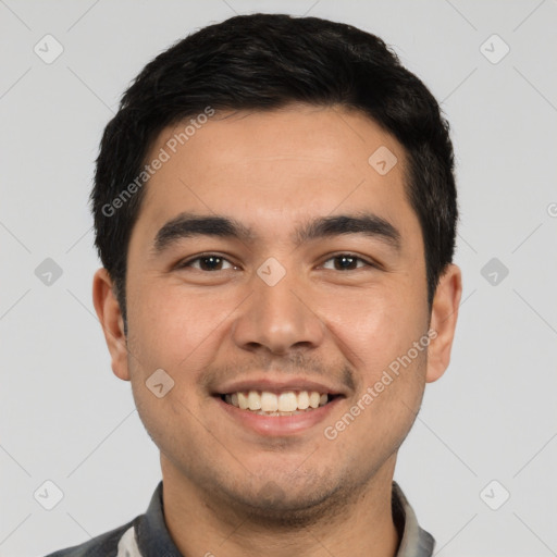 Joyful white young-adult male with short  black hair and brown eyes