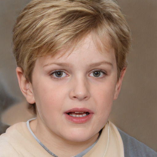 Joyful white child female with medium  brown hair and blue eyes