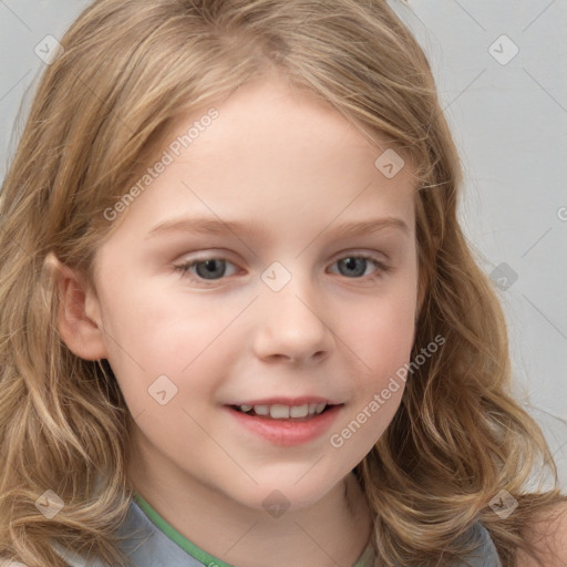 Joyful white child female with long  brown hair and grey eyes