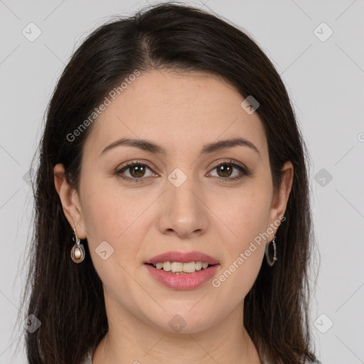 Joyful white young-adult female with long  brown hair and brown eyes