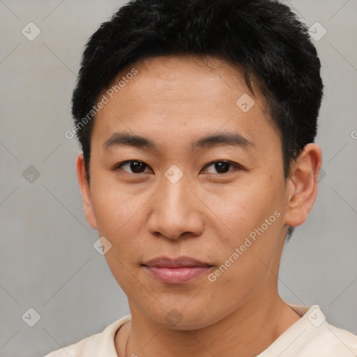 Neutral asian young-adult male with short  brown hair and brown eyes