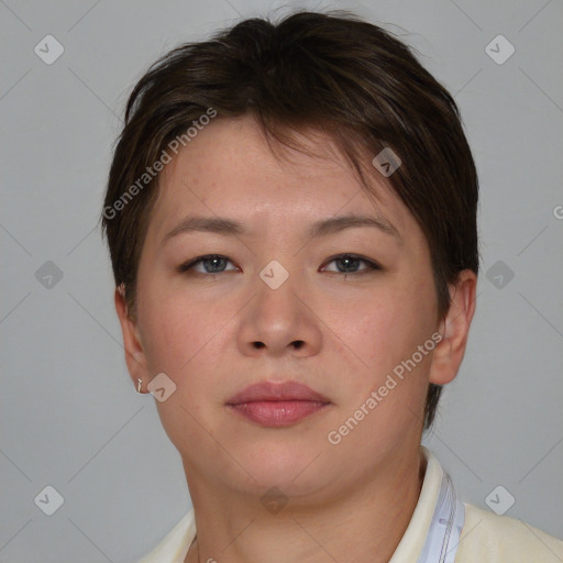 Neutral asian young-adult female with short  brown hair and brown eyes