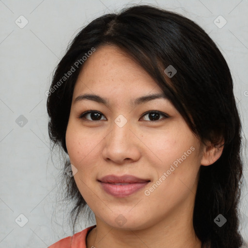 Joyful asian young-adult female with medium  black hair and brown eyes