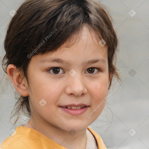 Joyful white child female with medium  brown hair and brown eyes