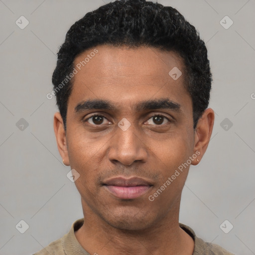 Neutral black young-adult male with short  black hair and brown eyes
