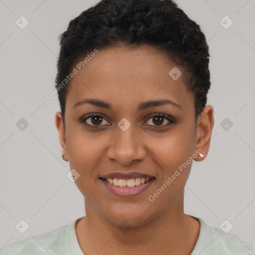 Joyful latino young-adult female with short  black hair and brown eyes