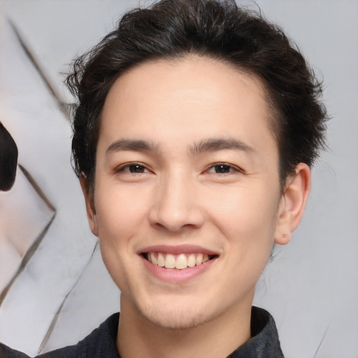 Joyful white young-adult male with medium  brown hair and brown eyes