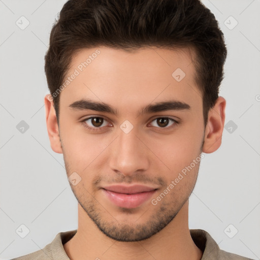 Joyful white young-adult male with short  brown hair and brown eyes