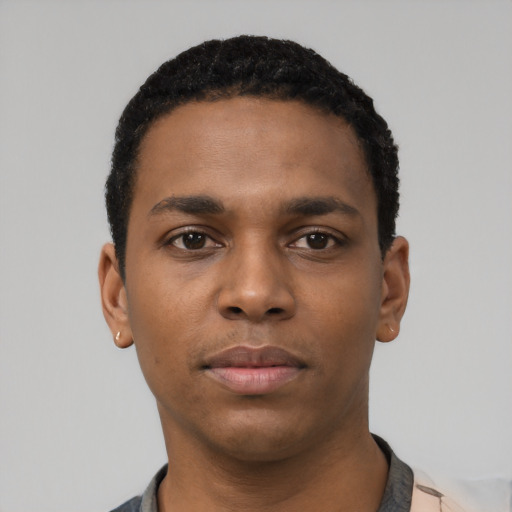 Neutral black young-adult male with short  black hair and brown eyes