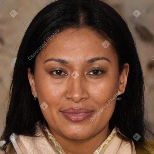 Joyful latino adult female with medium  brown hair and brown eyes