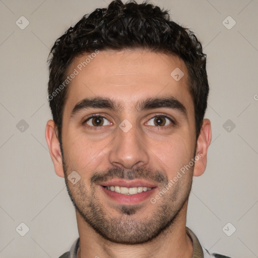 Joyful white young-adult male with short  black hair and brown eyes