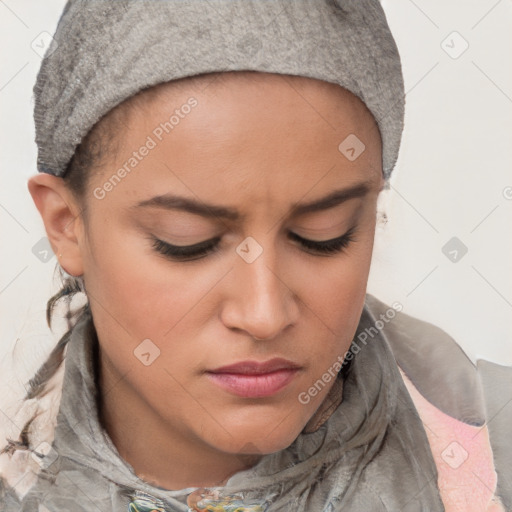 Neutral white young-adult female with short  brown hair and brown eyes