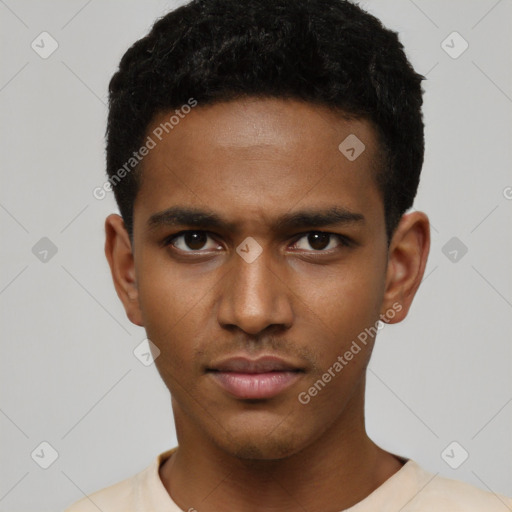 Neutral latino young-adult male with short  black hair and brown eyes