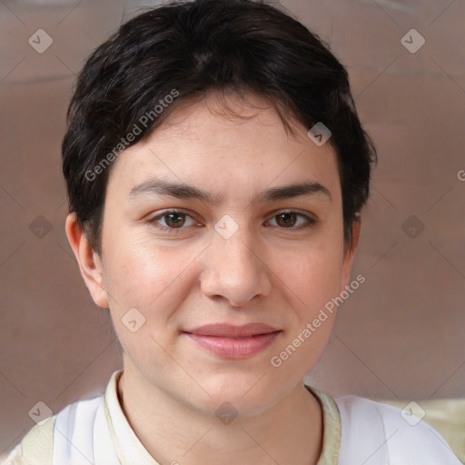 Joyful white young-adult female with short  brown hair and brown eyes