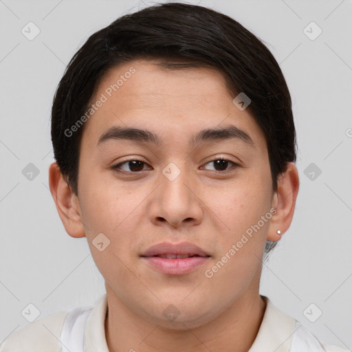 Joyful asian young-adult male with short  brown hair and brown eyes