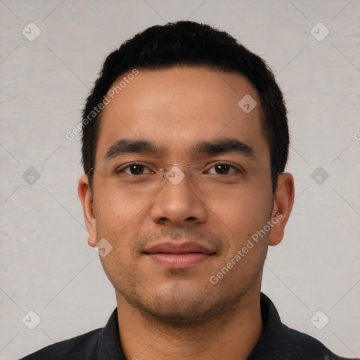 Neutral asian young-adult male with short  black hair and brown eyes