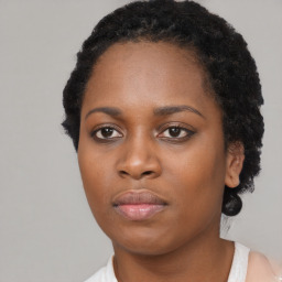 Neutral black young-adult female with short  black hair and brown eyes