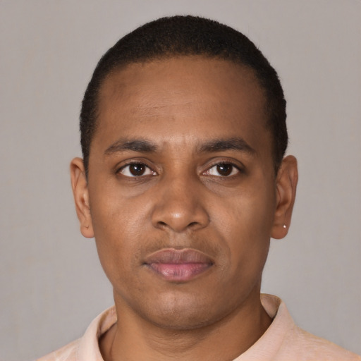 Neutral black young-adult male with short  brown hair and brown eyes