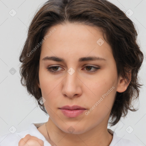 Neutral white young-adult female with medium  brown hair and brown eyes