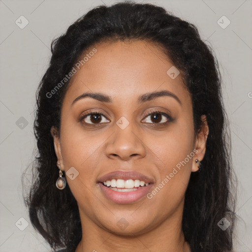 Joyful latino young-adult female with long  brown hair and brown eyes