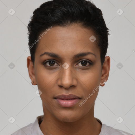 Joyful latino young-adult female with short  black hair and brown eyes