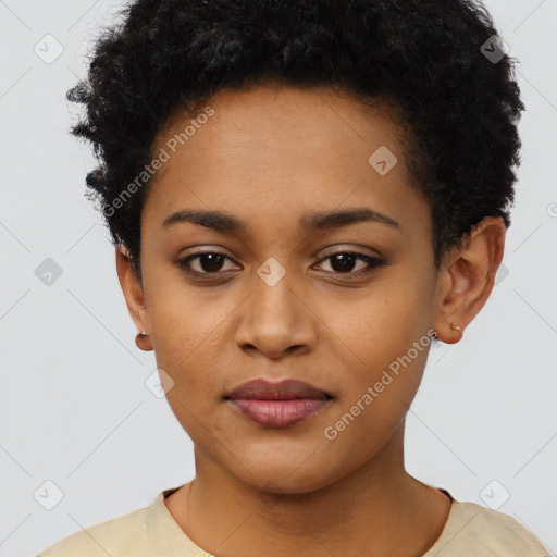 Joyful latino young-adult female with short  black hair and brown eyes