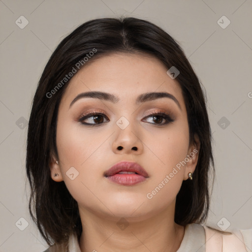 Neutral asian young-adult female with medium  brown hair and brown eyes