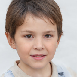 Joyful white child female with short  brown hair and brown eyes