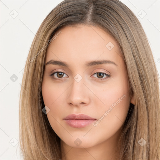 Neutral white young-adult female with long  brown hair and brown eyes