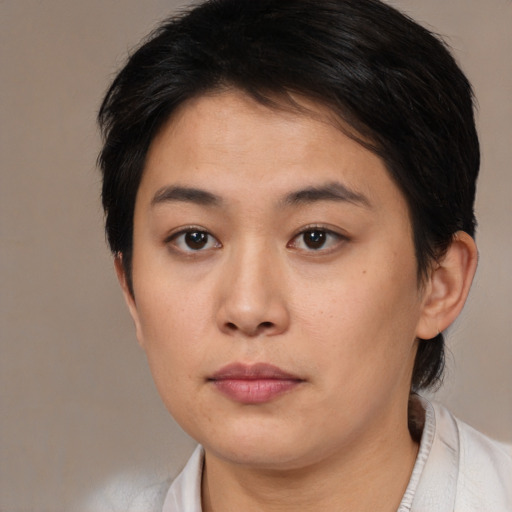 Neutral asian young-adult female with short  brown hair and brown eyes