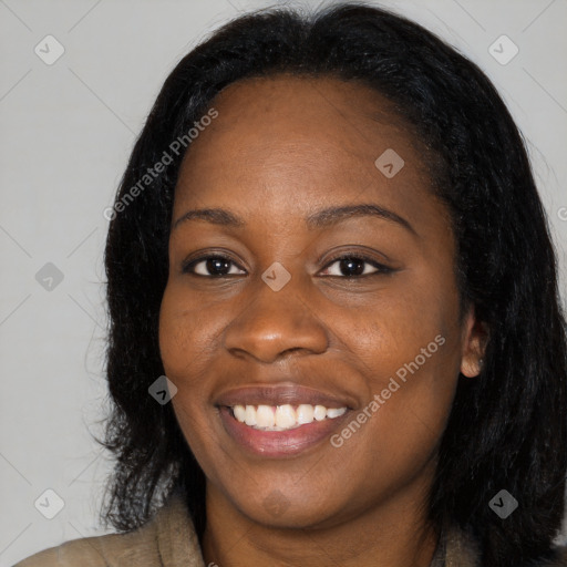 Joyful asian young-adult female with long  black hair and brown eyes