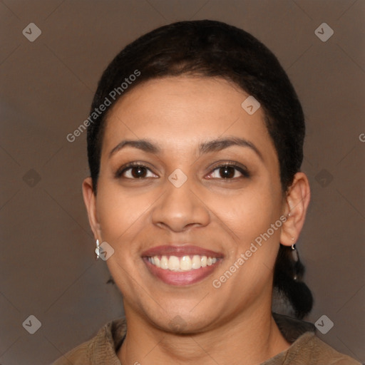 Joyful latino young-adult female with short  brown hair and brown eyes