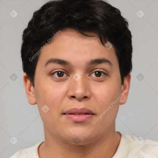 Joyful latino young-adult male with short  brown hair and brown eyes