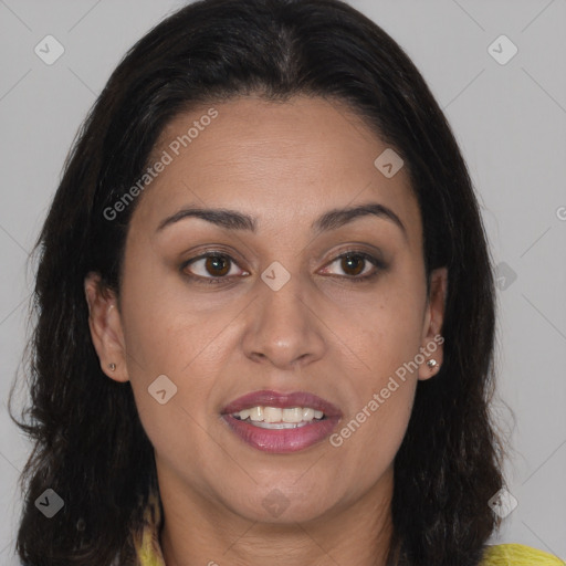 Joyful latino young-adult female with medium  brown hair and brown eyes