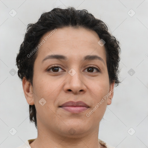 Joyful latino young-adult female with short  brown hair and brown eyes